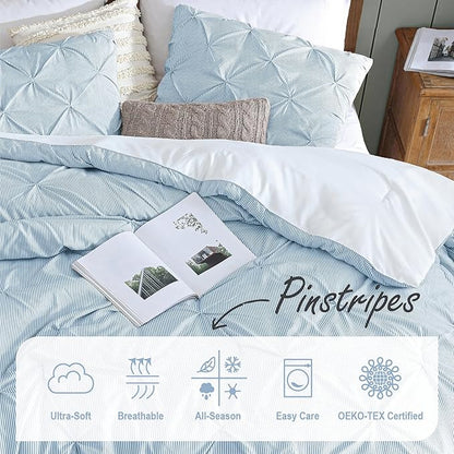 Swift Home Full/Queen Pinstripe Chambray Blue Comforter Set - Classic Pintuck Bedding Set - 3 Pieces Bed Linen, 1 Comforter and 2 Pillow Shams