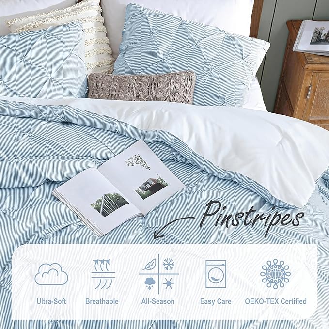 Swift Home King Pinstripe Chambray Blue Comforter Set - Classic Pintuck Bedding Set - 3 Pieces Bed Linen, 1 Comforter and 2 Pillow Shams