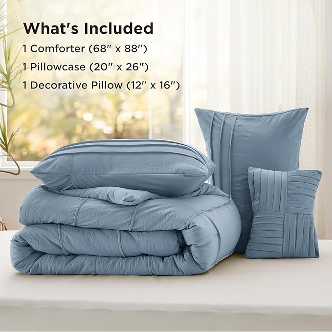 Bedsure Twin Comforter Set - 3 Pieces Pinch Pleat Bed Set, Light Blue Boho Bedding for All Season, 1 Soft Comforter, 1 Pillowcase, 1 Decorative Pillow