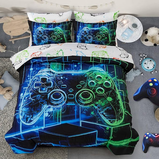 A Nice Night 5Pcs Gaming Comforter Set,Blue Green 3D Game Contoller Themed Keyboard Printing Bedding Sets for Kids Teen Boys, Reversible Comforter for All Seasons,Full