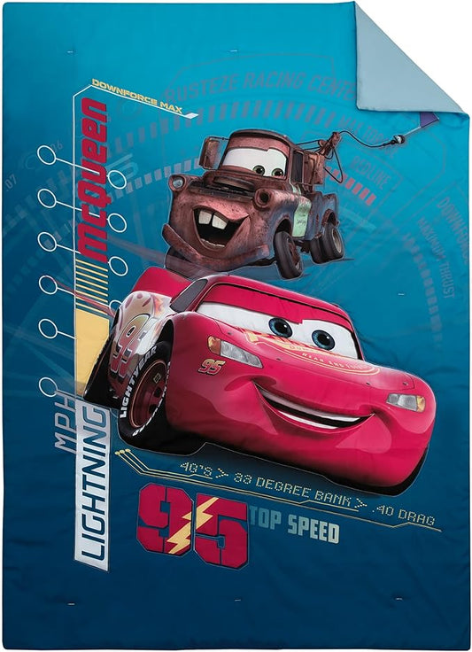 Disney Cars Piston Cup Circuit Blue, Red, and Yellow, Lightning McQueen and Mater 4 Piece Toddler Bed Set - Comforter, Fitted Bottom Sheet, Flat Top Sheet, and Reversible Pillowcase