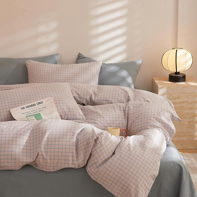 EAVD Reversible Gingham Duvet Cover King Pink Blue Grid Plaid Bedding Set with 2 Pillowcases Modern Checkerd Grid Duvet Cover with Zipper Closure Farmhouse Gingham Bedding Set for Boys Women Men