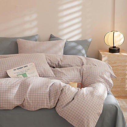 EAVD Reversible Gingham Duvet Cover Queen Pink Blue Grid Plaid Bedding Set with 2 Pillowcases Modern Checkerd Grid Duvet Cover with Zipper Closure Farmhouse Gingham Bedding Set for Boys Women Men