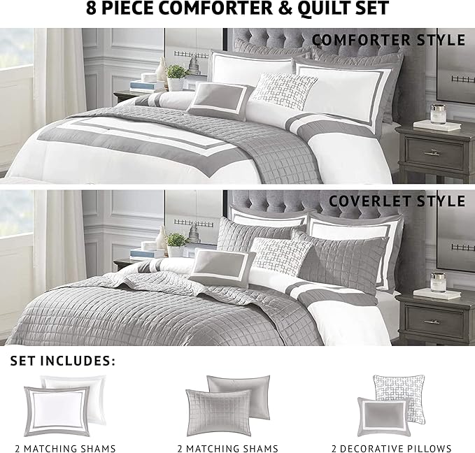 Madison Park Heritage Comforter Quilt Combo Set - Modern Luxury Design, All Season Down Alternative Bedding, Matching Shams, Decorative Pillows, Full/Queen(90"x90"), Color Block Grey 8 Piece