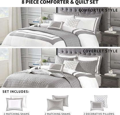 Madison Park Heritage Comforter Quilt Combo Set - Modern Luxury Design, All Season Down Alternative Bedding, Matching Shams, Decorative Pillows, Full/Queen(90"x90"), Color Block Grey 8 Piece