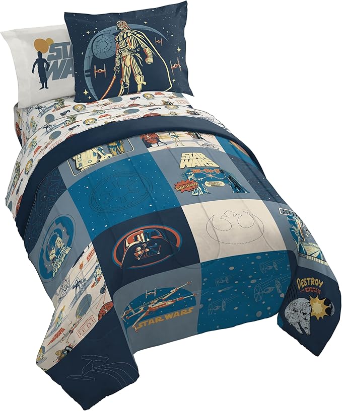 Jay Franco Kids Comforter Set Includes Sheets and Pillow Covers - Soft and Cozy Bed Set for Stylish Room Decor, Blue - Star Wars 01, 5 Piece Twin Bedding