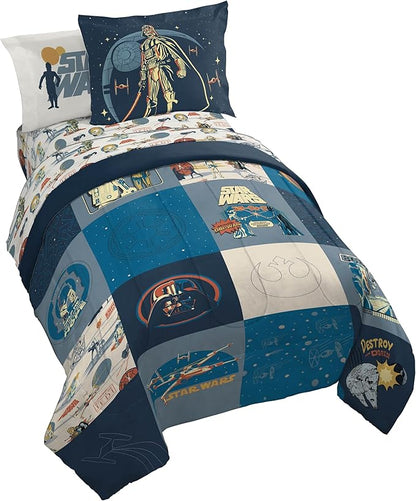 Jay Franco Kids Comforter Set Includes Sheets and Pillow Covers - Soft and Cozy Bed Set for Stylish Room Decor, Blue - Star Wars 01, 5 Piece Twin Bedding