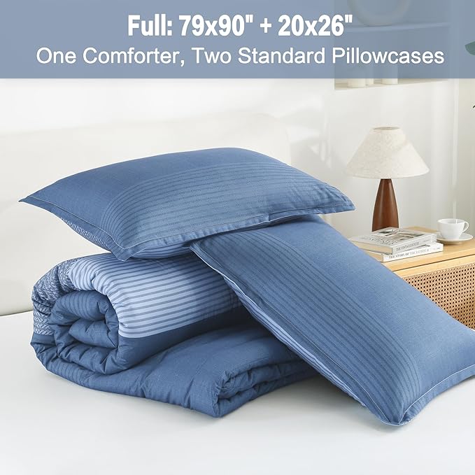 Litanika Comforter Set Full Size Sapphire Blue - 3 Pieces Lightweight Sapphire Blue White Colorblock Stripe Fluffy Bedding Comforter Sets, All Season Bed Set