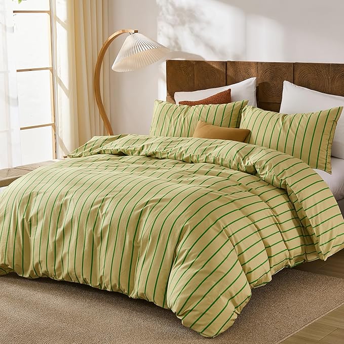 Merryword Striped Duvet Cover Set King Size - 100% Cotton Duvet Cover Set, Khaki & Green Stripes Pattern Comforter Cover 3 Pieces, Soft Linen Like Bedding Set for All Seasons