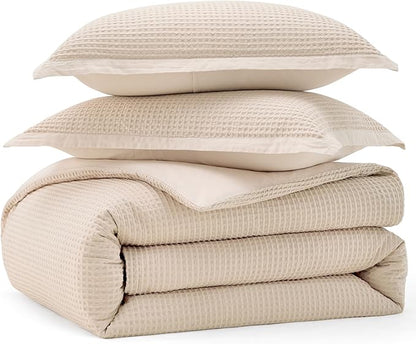 Bedsure Cotton Duvet Cover King - 100% Cotton Waffle Weave Beige Duvet Cover King Size, GentleSoft™ and Breathable Bedding Set for All Season, 3 Pieces, 104"x90"