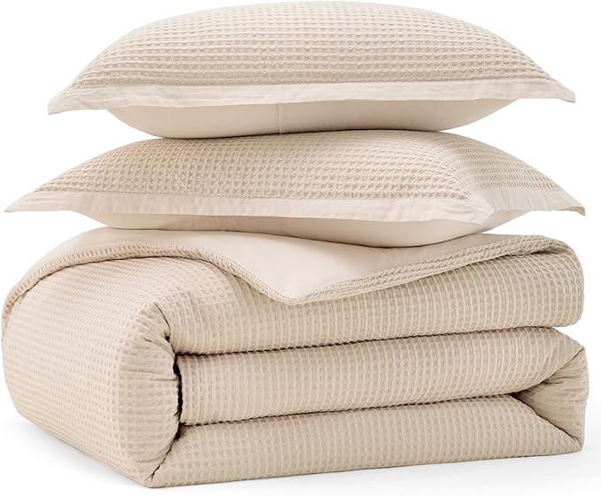 Bedsure Cotton Duvet Cover Set - 100% Cotton Waffle Weave Beige Duvet Cover California King, GentleSoft™ and Breathable Cal King Bedding Set for All Season, 3 Pieces, 104"x98"