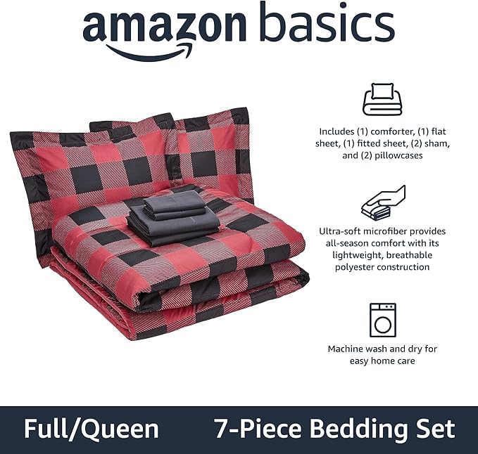 Amazon Basics Full/Queen Comforter Set with Sheets, 5-Piece Red Buffalo Plaid Bedding, Lightweight Microfiber Bed-in-a-Bag