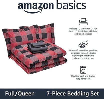Amazon Basics Full/Queen Comforter Set with Sheets, 5-Piece Red Buffalo Plaid Bedding, Lightweight Microfiber Bed-in-a-Bag