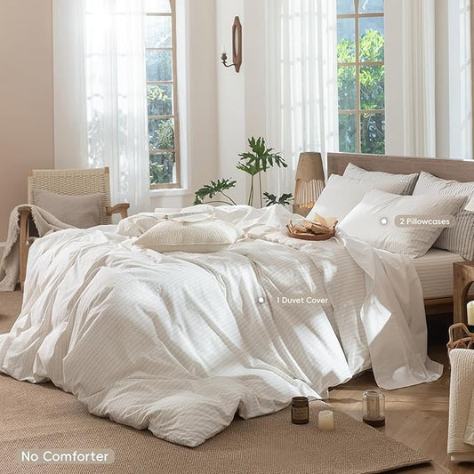 MooMee Striped Duvet Cover Set 100% Washed Cotton Linen Like Textured Breathable Durable Soft Comfy (White Almond Milk Grey Wide Stripes, Cal King 104"x98")