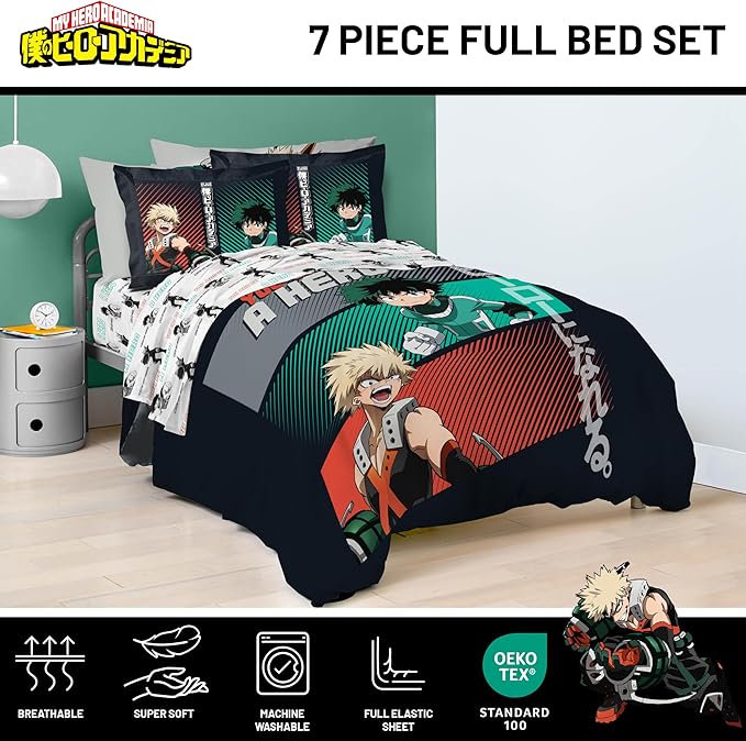 Jay Franco Kids Comforter Set Includes Sheets and Pillow Covers - Soft and Cozy Bed Set for Stylish Room Decor, Black - My Hero Academia, 7 Piece Full Size Bedding