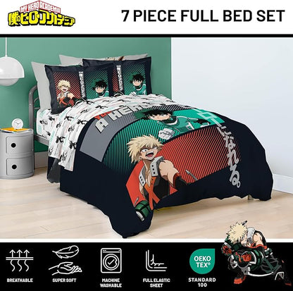Jay Franco Kids Comforter Set Includes Sheets and Pillow Covers - Soft and Cozy Bed Set for Stylish Room Decor, Black - My Hero Academia, 7 Piece Full Size Bedding