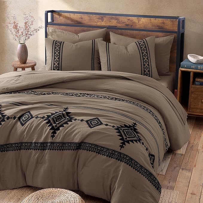 MaiRêve Embroidery Queen Size Comforter Set Taupe Grey, Boho Farmhouse Western Bedding Set 7 Pieces, All Season Bed in A Bag Comforter Set with Sheets, Pillowcases & Shams