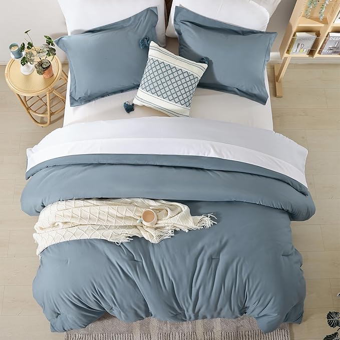 weigelia King Comforter Set Dusty Blue Bedding Comforter with 2 Pillowcases 7 Pieces Blue Color King Comforter Bedding Set for Women and Men King Bed Comforters Set Soft All Season