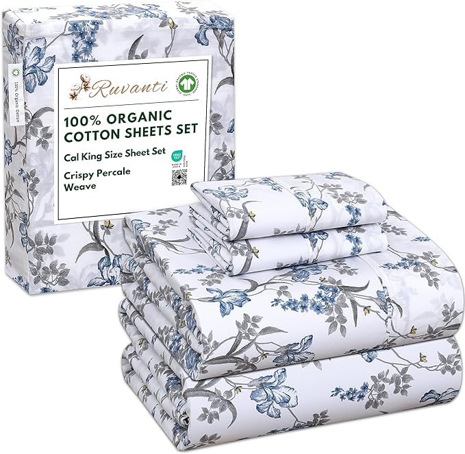 RUVANTI 100% Organic Cotton Sheets California King, Percale Weave, GOTS Certified, 4-Piece Set, Deep Pocket 13", Crisp & Breathable, Soft Durable Bedding, Sábanas Algodón Orgánico – Deluxe