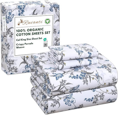 RUVANTI 100% Organic Cotton Sheets California King, Percale Weave, GOTS Certified, 4-Piece Set, Deep Pocket 13", Crisp & Breathable, Soft Durable Bedding, Sábanas Algodón Orgánico – Deluxe