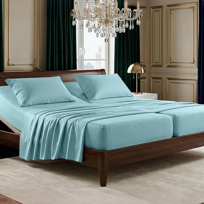 Elegant Comfort Luxurious 1500 Premium Hotel Quality Microfiber Three Line Embroidered Softest 5-Piece Bed Sheet Set, Wrinkle and Fade Resistant, Split King, Aqua