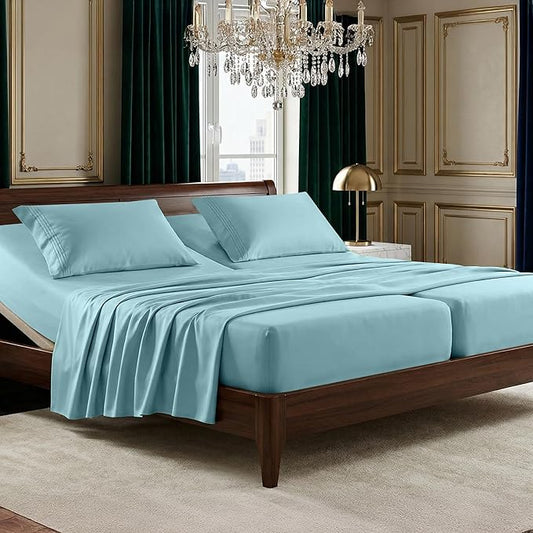 Elegant Comfort Luxurious 1500 Premium Hotel Quality Microfiber Three Line Embroidered Softest 5-Piece Bed Sheet Set, Wrinkle and Fade Resistant, Split King, Aqua