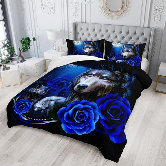 Wolf Bedding Set King Size,Blue Rose King Size Comforter Set,King Size Wolf Comforter Bed Set,King Quilt Bedding Set Rose,Wolf Bedding Set King Size Animal Print Comforter Set