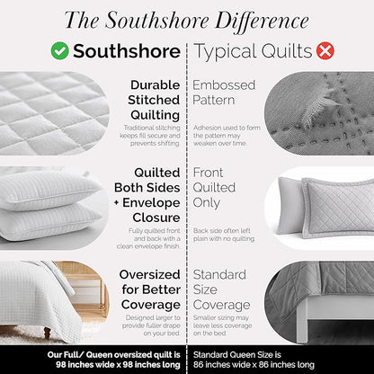 Southshore Fine Living, Inc. Queen Quilt Set, Full Size Bedspread with 2 Matching Pillow Shams, Soft Microfiber Lightweight Quilts, Queen Size Coverlet, Easy Care Machine Washable, Light Grey