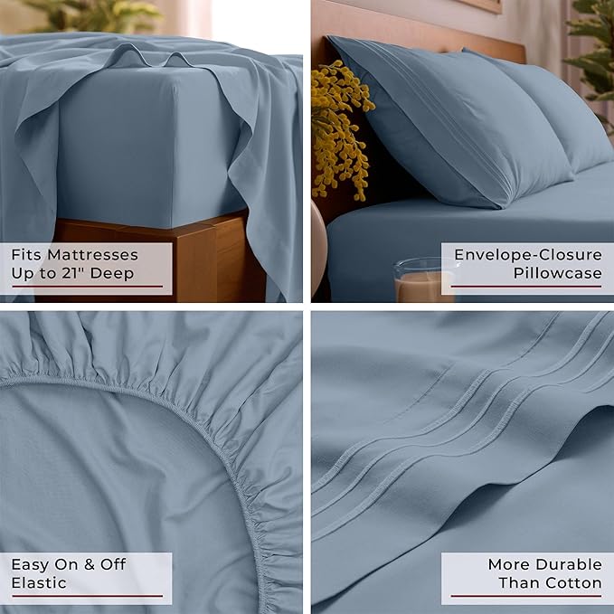 Mellanni California King Sheet Set - 6-Piece Iconic Collection Bedding, (Including 4 Pillowcases), 21-Inch Extra Deep Pocket, Easy Care, Ultra Soft, Cooling Sheets, Brushed Microfiber - Blue Hydrangea