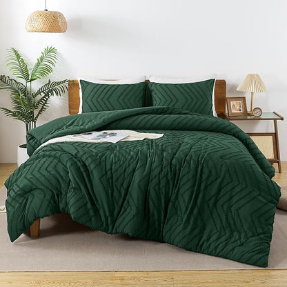 Andency Emerald Green Comforter King Size, Boho Dark Green Soft Warm Bedding Comforter Sets for King Bed, 3 Pieces Forest Green Vintage Chevron Tufted Aesthetic Comforter Set