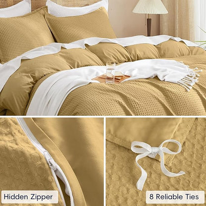PHF Waffle Weave Duvet Cover Set King Size, No Snagging Ultra Soft Luxury Textured Breathable Comforter Cover for All Season 3pcs, Durable Bedding Duvet Set with 2 Pillow Shams, 104"x90", Antelope