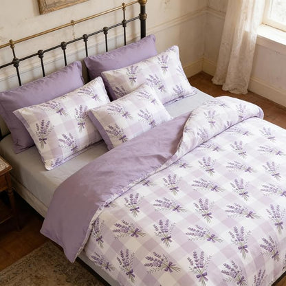 Gingham Twin Size Comforter Set for Girls Purple Lavender Bedding 2Pcs Boho Plaid Checkered Pattern Quilted Comforter with 1 Pillowcase, 68"x86"