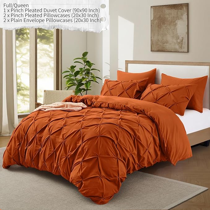 VACVELT 5 Piece Pinch Pleated Duvet Cover Full/Queen Size Set, Burnt Orange Pintuck Duvet Cover with Zipper & 8 Ties, Shabby Chic Microfiber Duvet Cover + 2 Pillow Shams + 2 Pillowcases, No Comforter
