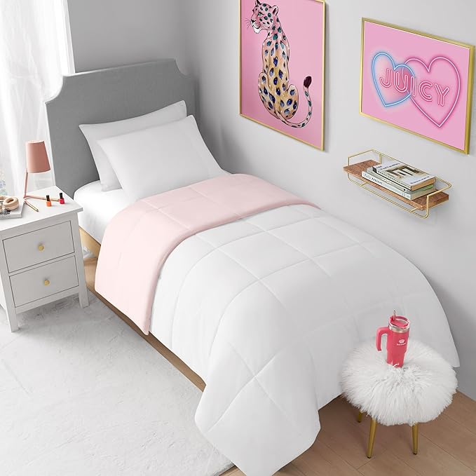 Juicy Couture Reversible Box Stitch Comforter Set, 3-Piece King – Pink Marshmallow/White – Glam Bedding Set