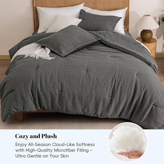 PHF Soft Waffle Comforter Set Queen Size- Comfy Breathable Waffle Weave Comforter with 2 Pillow Shams, 3 Pieces Less Snagging Lightweight Textured Bedding Set for All Season, Grey