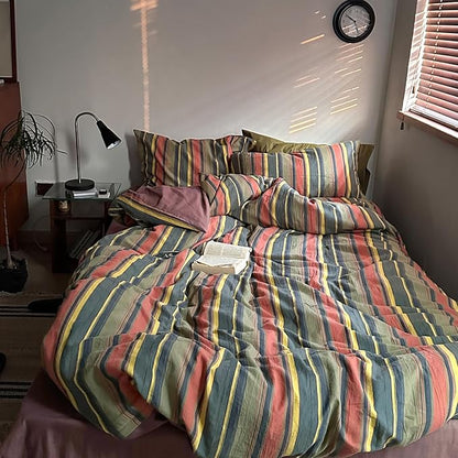mixinni Vintage Striped Duvet Cover Set Twin Size - 3 Piece 100% Washed Cotton Bedding Set, Soft & Breathable, Colorful Striped Pattern Printed Comforter Cover for All Seasons