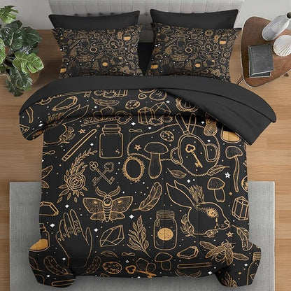Comforter Set Twin Size, Vintage Witch Dream 5 Pcs Bedding for Kids and Adults, Boho Mystic Occult Bed Sheet Sets with Fitted Sheet Pillowcase & Sham for Bedroom Bed Decor