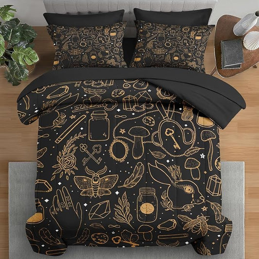 Comforter Set Twin Size, Vintage Witch Dream 5 Pcs Bedding for Kids and Adults, Boho Mystic Occult Bed Sheet Sets with Fitted Sheet Pillowcase & Sham for Bedroom Bed Decor