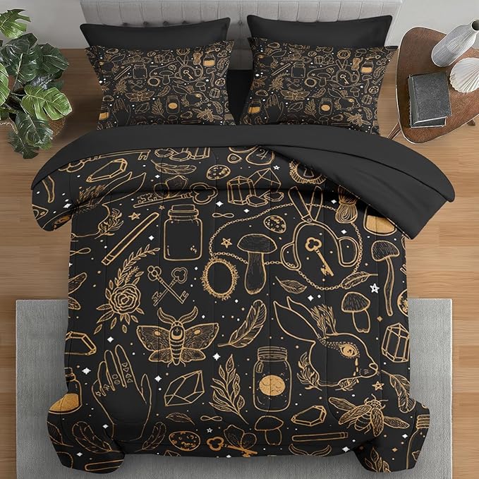 Comforter Set King Size, Vintage Witch Dream 7 Pcs Bedding for Kids and Adults, Boho Mystic Occult Bed Sheet Sets with Fitted Sheet 2 Pillowcases & 2 Shams for Bedroom Bed Decor
