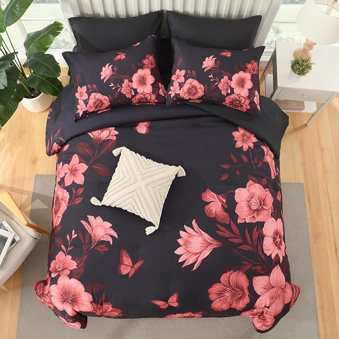 Floral King Size Comforter Set, 7 Piece Black Bed in a Bag, Elegant Flower Pattern Comforter Set with Sheet, Soft Microfiber Complete Bedding Sets for All Season