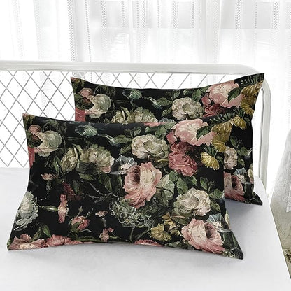 Boho Floral Comforter Set King Black Floral Bedding Sets 3PCS for Kids Teen Adult Flowers Leaves Room Decor Ultra-Soft Lightweight Microfiber 1 Comforter with 2 Pillowcases