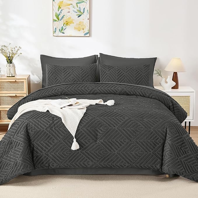 Andency Queen Comforter Set 7 Piece Dark Grey - Bed in a Bag Queen Boho Lightweight Fluffy Tufted Bedding Sets with Comforter, Sheets, Pillowcases & Shams