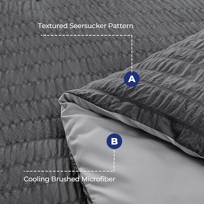 HYMOKEGE Dark Grey/Light Grey Duvet Cover Queen Size, Ultra Soft 3-Piece Seersucker Duvet Cover Set with Zipper Closure, Soft Brushed Microfiber Bedding Set with 8 Corner Ties (90"x90", 2 Pillowshams)