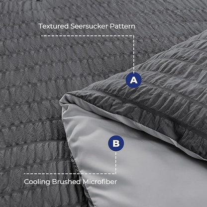 HYMOKEGE Dark Grey/Light Grey Duvet Cover Queen Size, Ultra Soft 3-Piece Seersucker Duvet Cover Set with Zipper Closure, Soft Brushed Microfiber Bedding Set with 8 Corner Ties (90"x90", 2 Pillowshams)