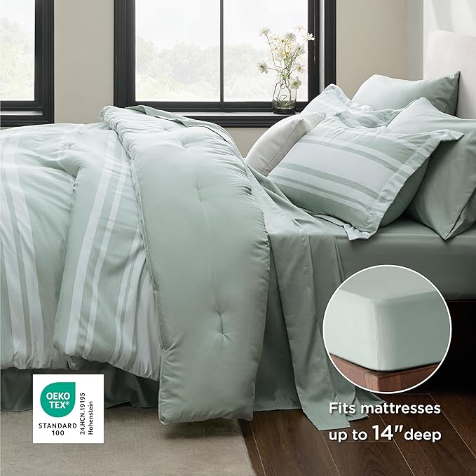 Bedsure Twin Comforter Set 5 Pieces, Sage Green Striped Bedding Set for All Seasons, Reversible, Cationic Dyeing Bed in a Bag with Comforter, Sheets, Pillowcase & Sham