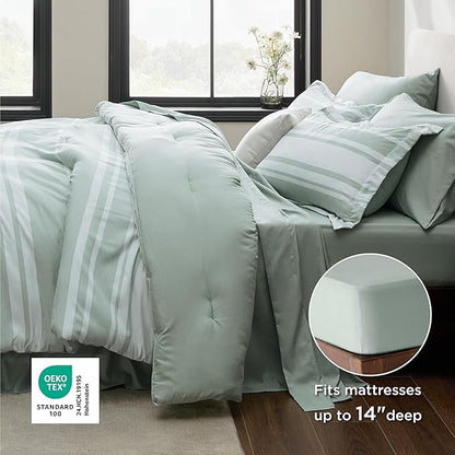 Bedsure Queen Comforter Set 7 Pieces, Sage Green Striped Bedding Set for All Seasons, Reversible, Cationic Dyeing Bed in a Bag with Comforter, Sheets, Pillowcases & Shams