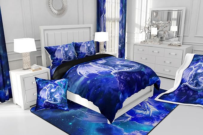 Western Magical Dragon Bedding Set Full Size,Starry Sky Glitter Comforter Set for Kids Boys Girls Room Decor,Galaxy Nebula Wildlife Duvet Insert 3Pcs,Nature Animal Blue Quilt Set,2 Pillowcases