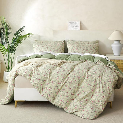 Queen Comforter Set Floral Soft 3 Pieces Chic Crinkle Gauze Fabric Garden Style Floral Print Botanical Comforter for All Seasons Luxury Warmth Comfy Breathable with 2 Pillowcases