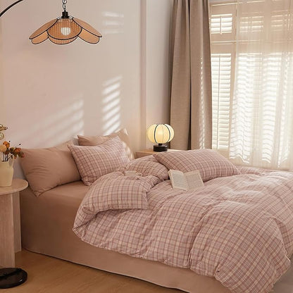 EAVD Pink Gingham Duvet Cover Queen Soft Washed Cotton Reversible Grid Plaid Bedding Set with 2 Pillowcases Modern Checkered Grid Duvet Cover with Zipper Farmhouse Gingham Bedding Set for All-Season