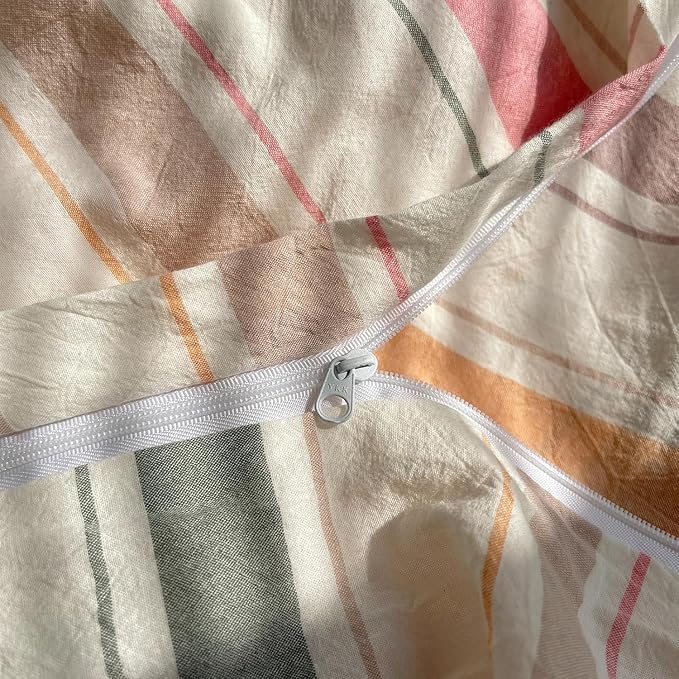 Retro Striped Duvet Cover Set Full, 100% Washed Cotton Multicolor Stripes Pattern Printed Bedding Set, Vintage Striped Comforter Cover with 2 Pillowcases, 3 Pieces Soft Breathable Duvet Cover Full